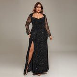 Curveins Plus Size Long Sleeves Side Slit Sequin Mermaid Maxi Dress