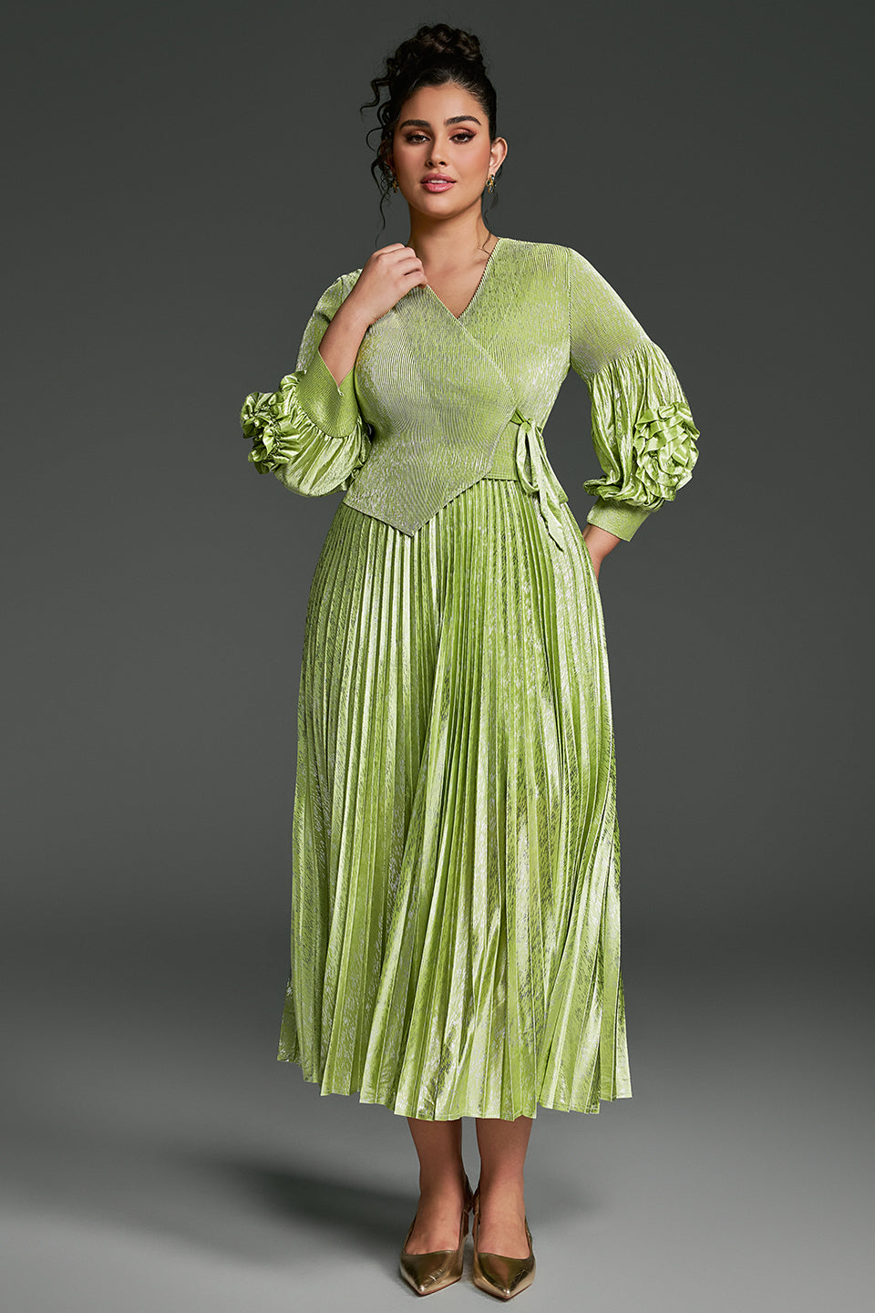 Curveins Plus Size V-Neck Long Sleeve Waist Tie Pleated Maxi Dress