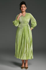 Curveins Plus Size V-Neck Long Sleeve Waist Tie Pleated Maxi Dress