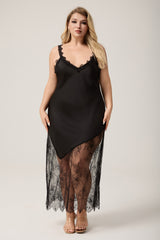 Curveins Plus Size Spaghetti Strap Sleep Dress with Lace Edged Irregular Hem, Stylish Lounge Wear