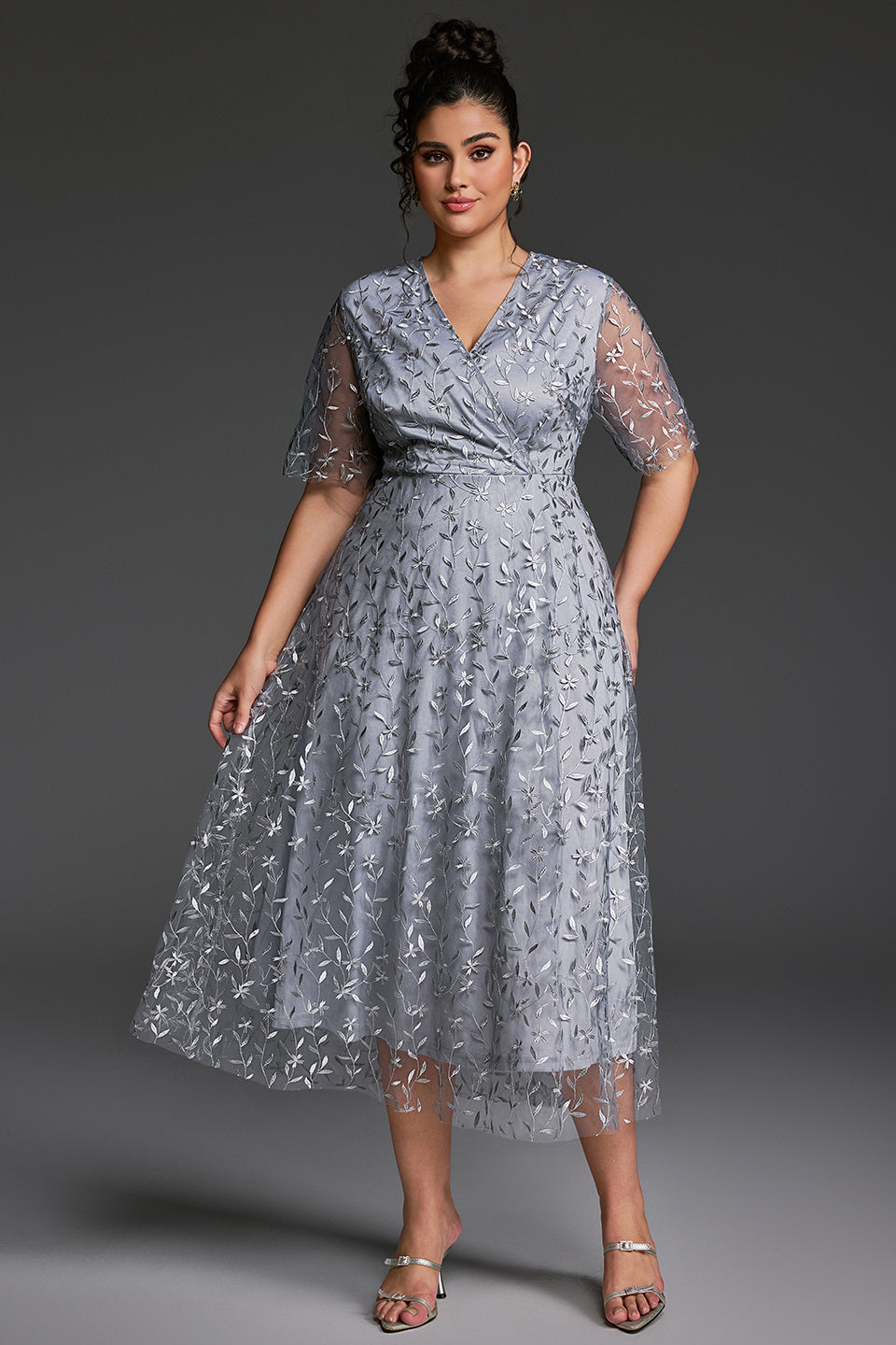 Curveins Plus Size V-Neck Ruffle Sleeve Embroidered Maxi Dress