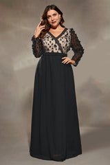 Curveins Plus Size Elegant V-Neck Long Sleeve Dress with Textured Floral Details