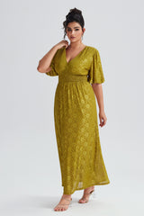 Curveins Plus Size V-Neck Lace Elastic Waist Floral Maxi Dress