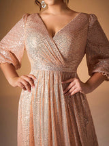 Curveins Plus Size V-Neck Puff Sleeve Sequin Maxi Dress with Cinched Waist