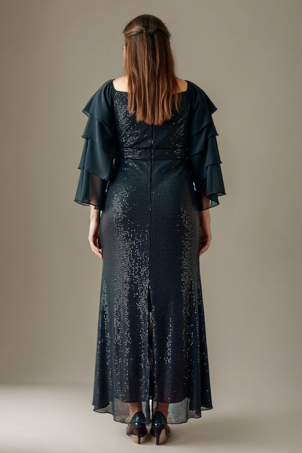 Curveins Plus Size V Neck Long Sleeve Sequin Slim Fit Maxi Dress