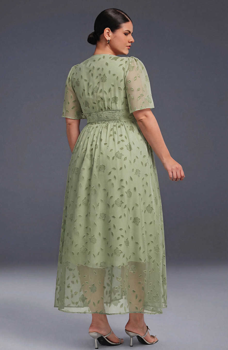 Curveins Plus Size V-Neck High-Waist Pleated Maxi Dress