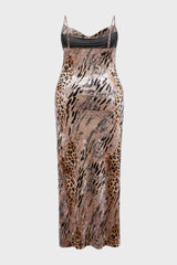 Curveins Plus Size Leopard Print Velvet Cami Slit Elegant Maxi Dress