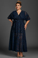 Curveins Plus Size Ruffle Sleeve Knot Side Split Hem Mesh Maxi Dress