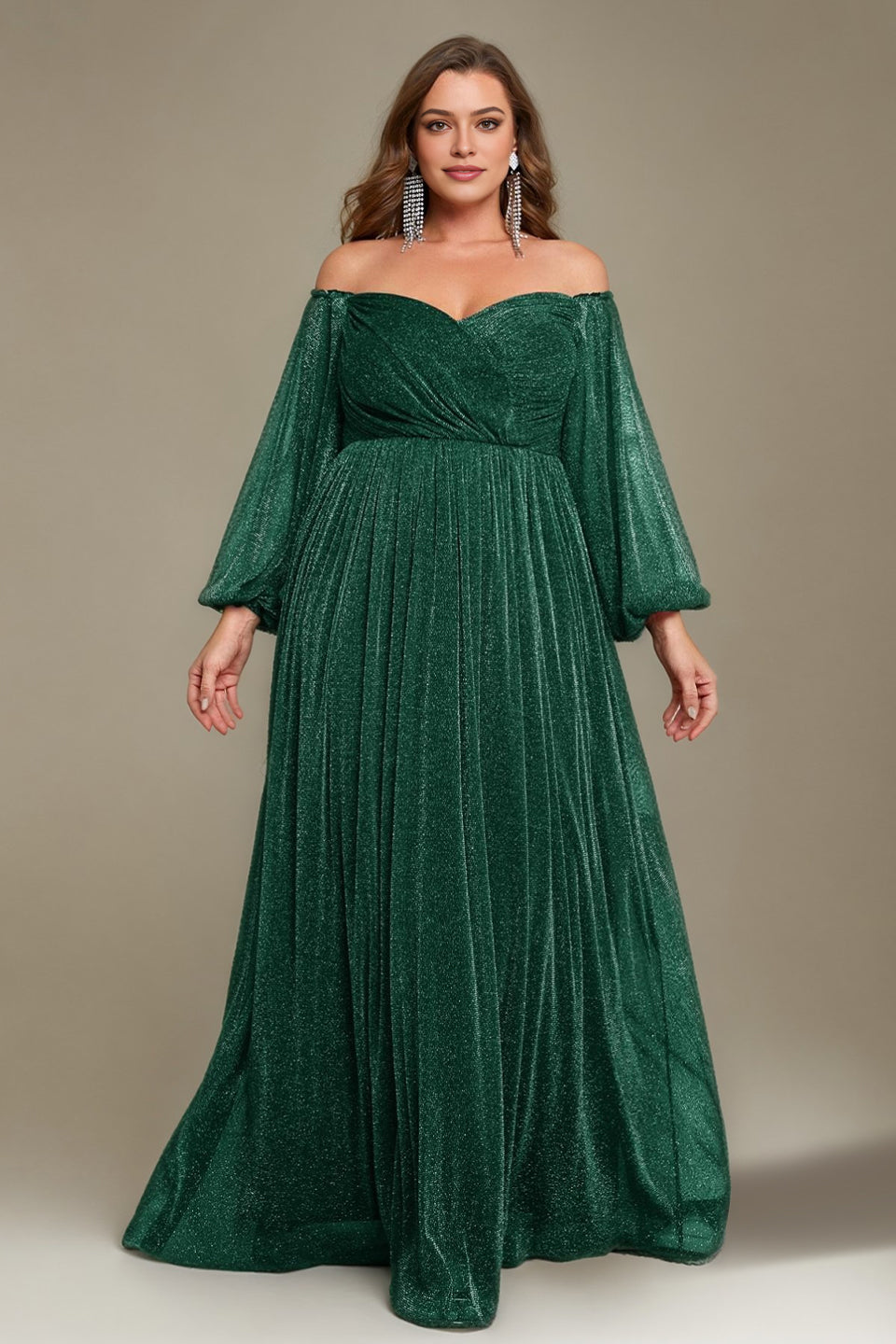 Curveins Plus Size Elegant Off-Shoulder Long Sleeve Minimal Maxi Dress