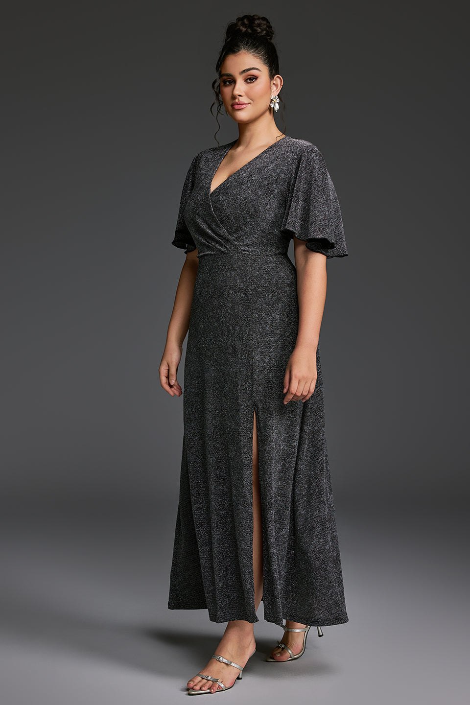 Curveins Plus Size V-Neck Ruffle Sleeve Maxi Dress