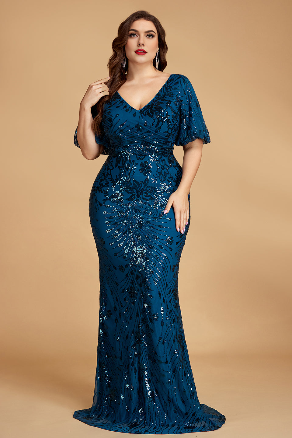 Curveins Plus Size V-Neck Batwing Sleeve Floral Sequin Bodycon Maxi Dress