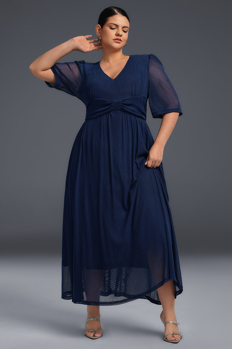 Curveins Plus Size V-Neck Short Sleeve Ruffle Hem Maxi Dress-Pink