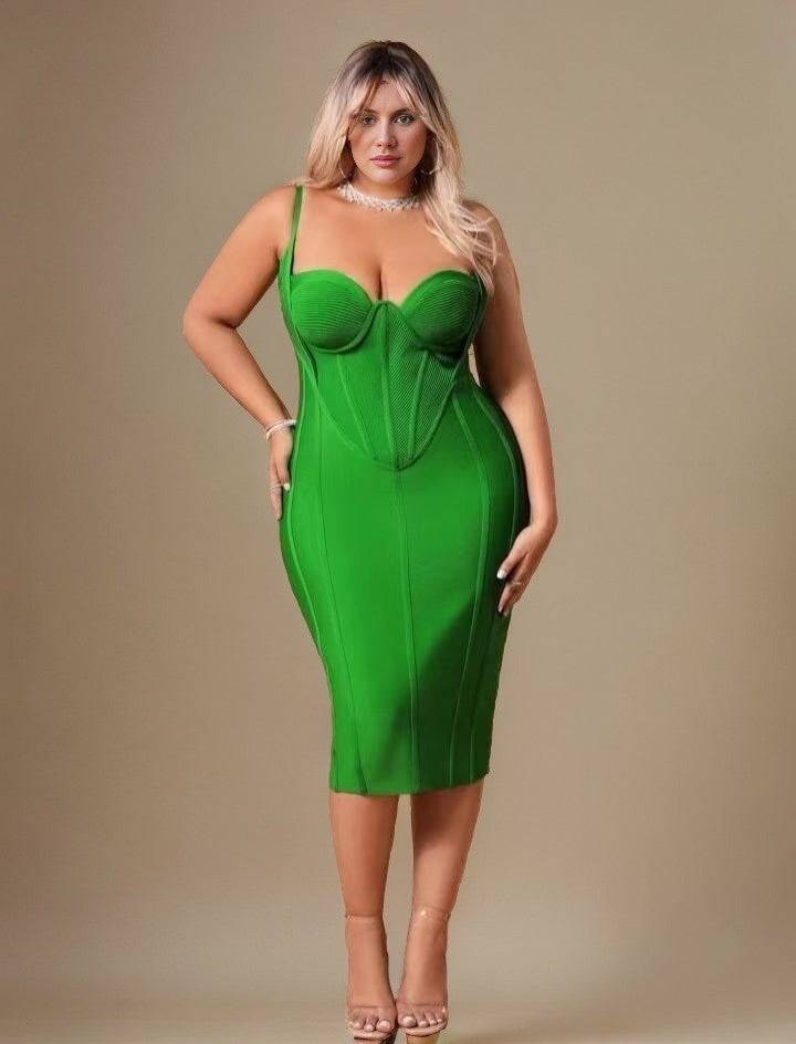 Curveins Plus Size Spaghetti Strap Bodycon Bandage Knee-Length Midi Dress