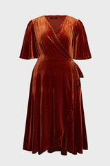 Curveins Plus Size Wrap V-Neck Belted Asymmetrical Hem Velvet Maxi Dress