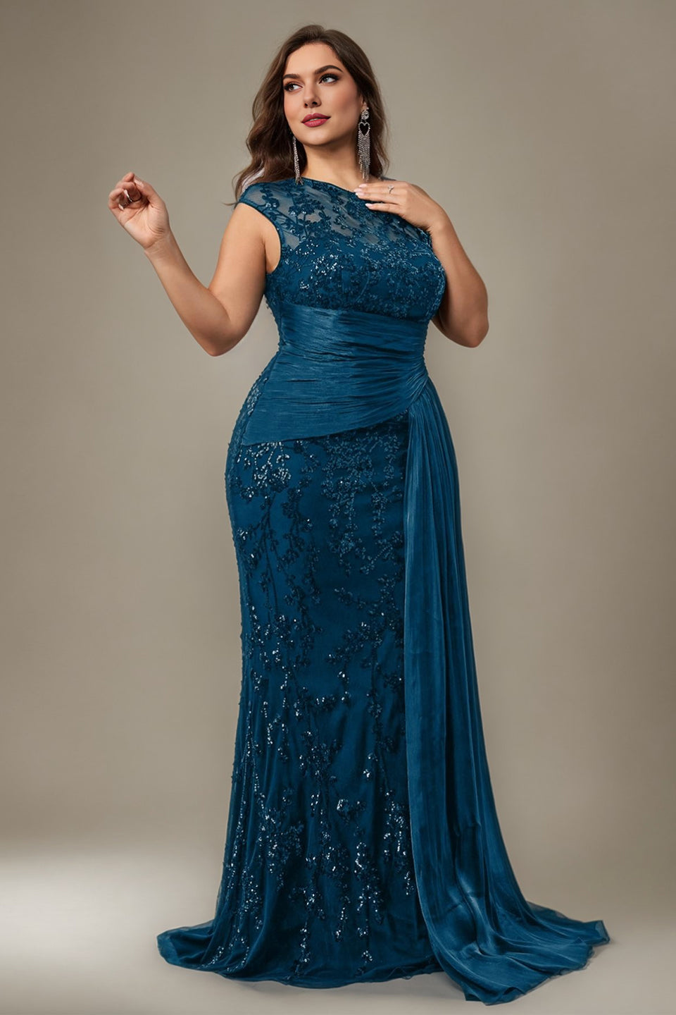 Curveins Plus Size One Shoulder Sleeveless Embroidered Sequin Patchwork Bodycon Maxi Dress