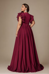 Curveins Plus Size V-Neck Ruffle Sleeve Split A-Line Maxi Dress