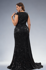 Curveins Plus Size V-Neck Sequin Detail Ruffle Sleeve Body-Fit Maxi Dress