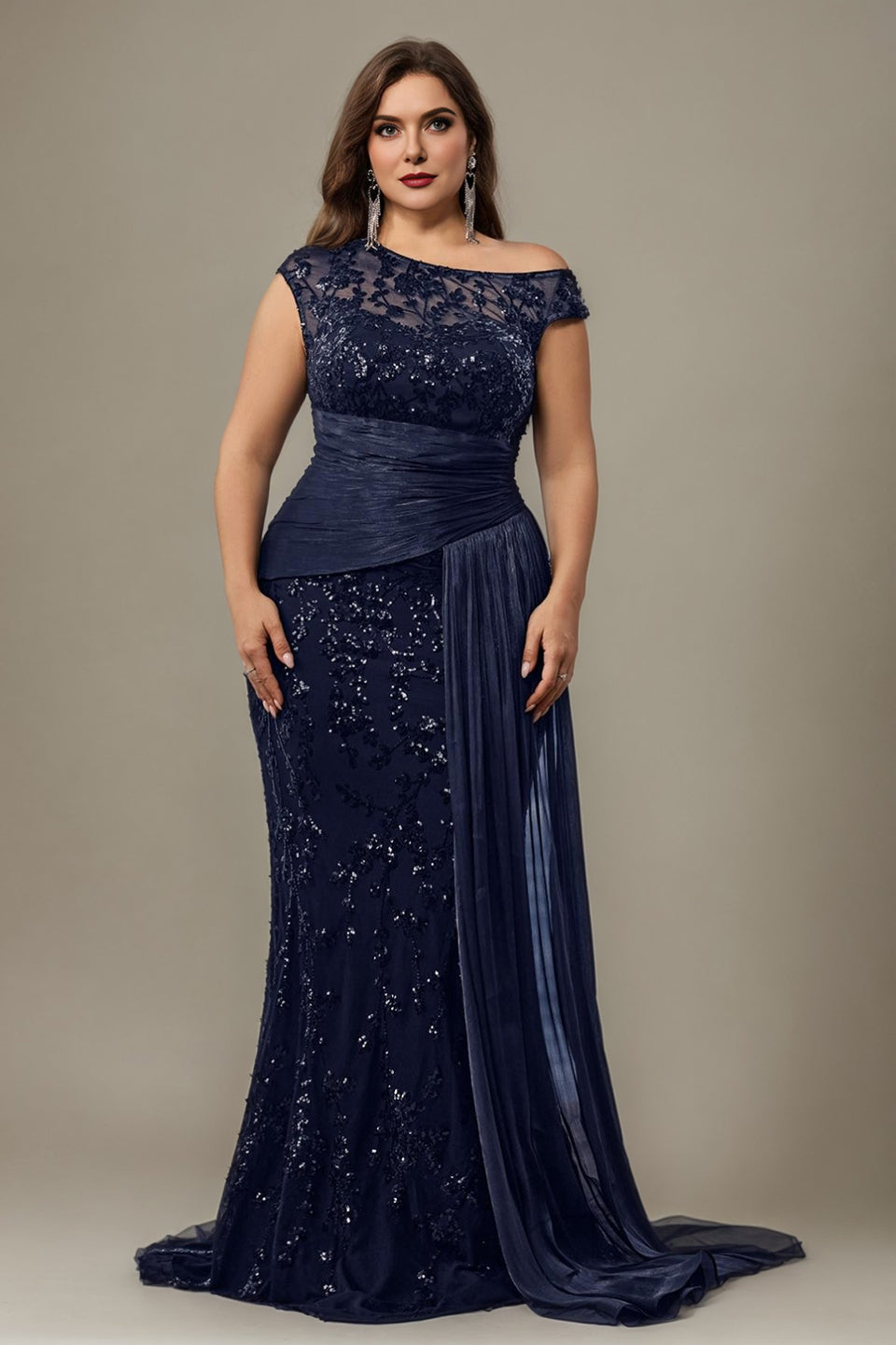 Curveins Plus Size One Shoulder Sleeveless Embroidered Sequin Patchwork Bodycon Maxi Dress