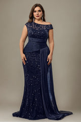 Curveins Plus Size One Shoulder Sleeveless Embroidered Sequin Patchwork Bodycon Maxi Dress