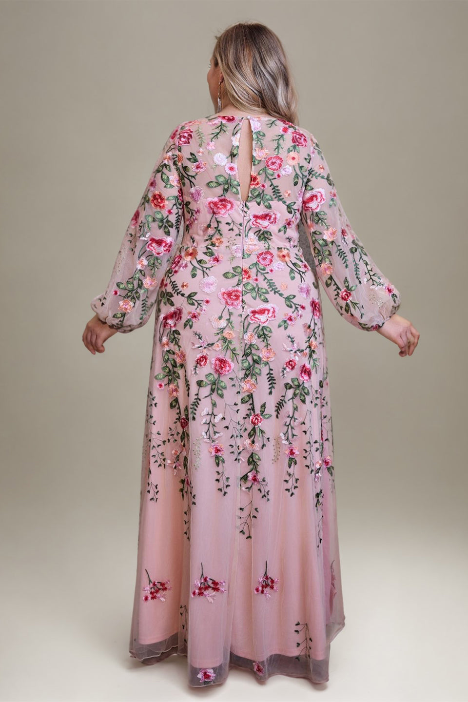 Curveins Plus Size Elegant Round Neck Long Sleeve Mesh Embroidery Maxi Dress