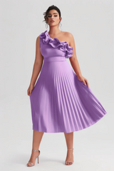 Curveins Plus Size Slimming Asymmetric One-Shoulder Ruffle Trim Pleated Dress