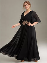 Curveins Plus Size V-Neck Embroidered Belted Maxi Dress