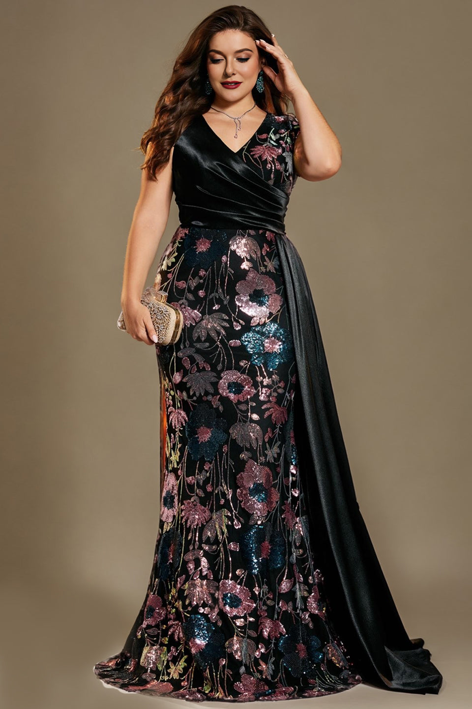 Curveins Plus Size Sparkling Sequin V-Neck Curve-Hugging Maxi Dress