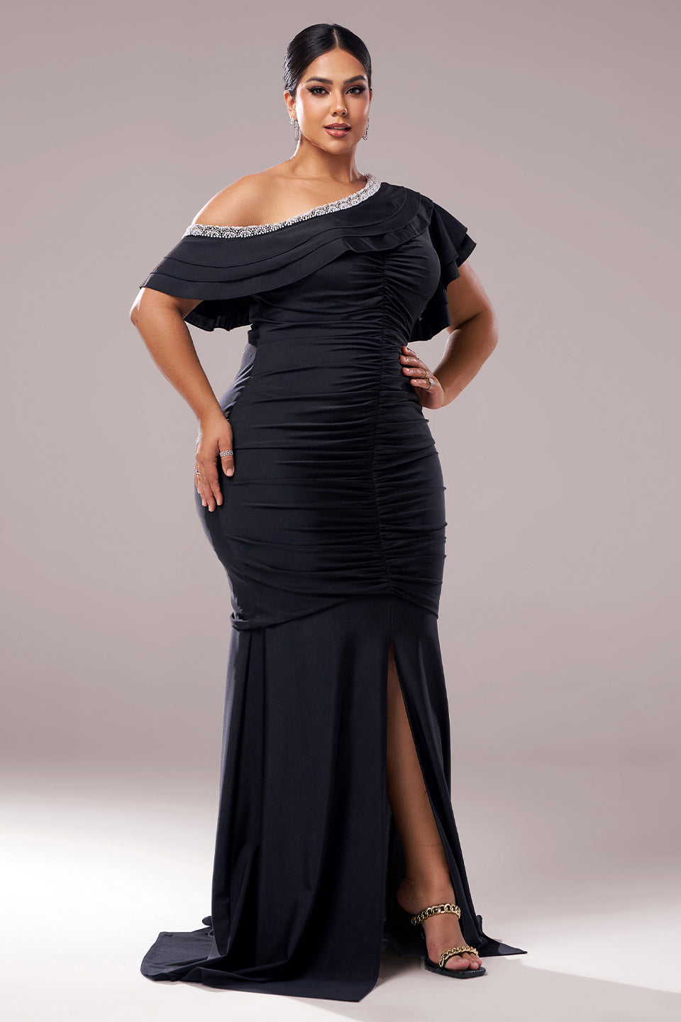 Curveins Plus Size Asymmetric Shoulder Slim-Fit Front Slit Long Dress