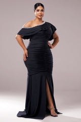 Curveins Plus Size Asymmetric Shoulder Slim-Fit Front Slit Long Dress