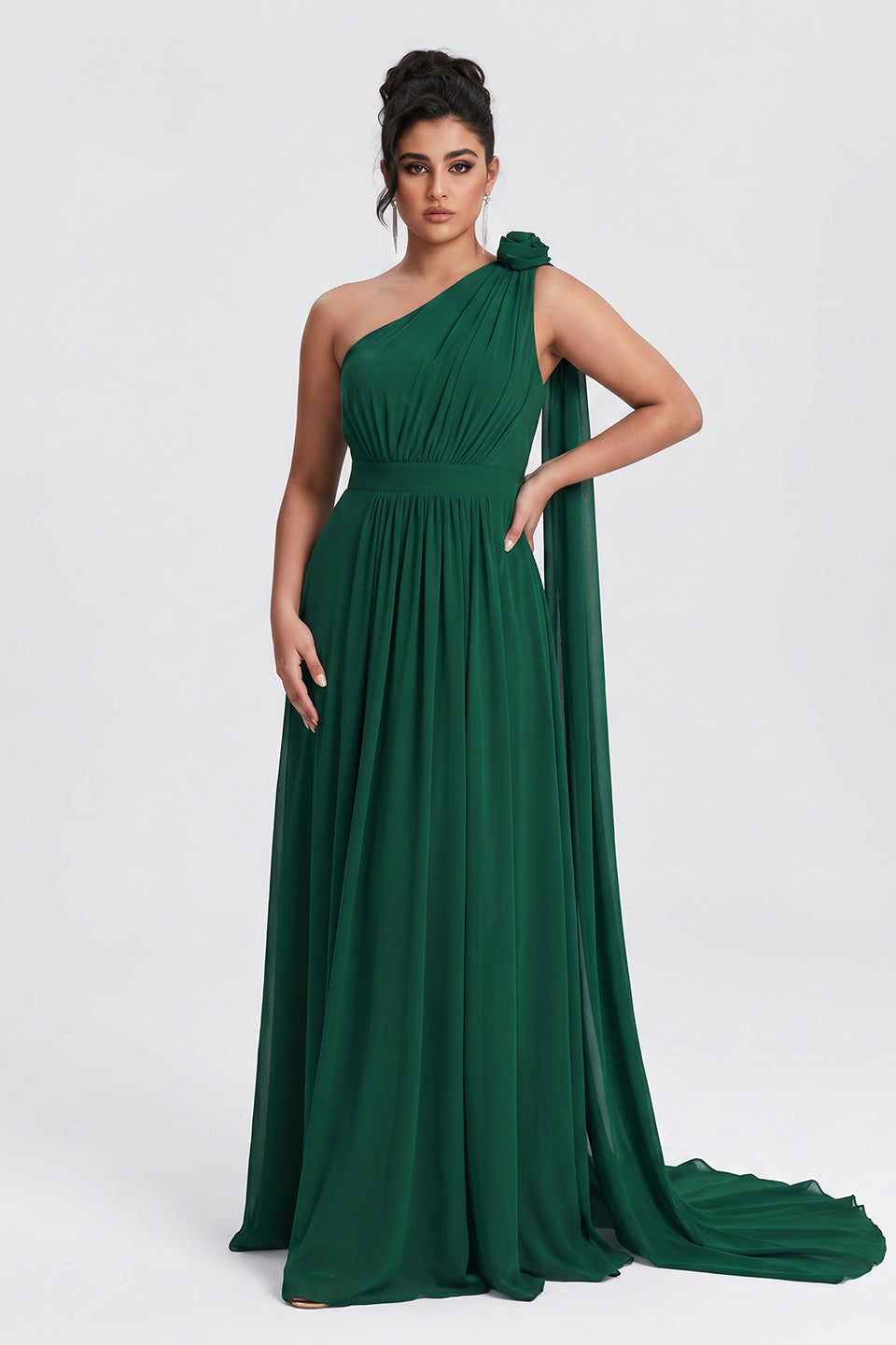 Curveins Plus Size One Shoulder Ruffle Strap Ruched Waist Flowy Elegant Maxi Dress