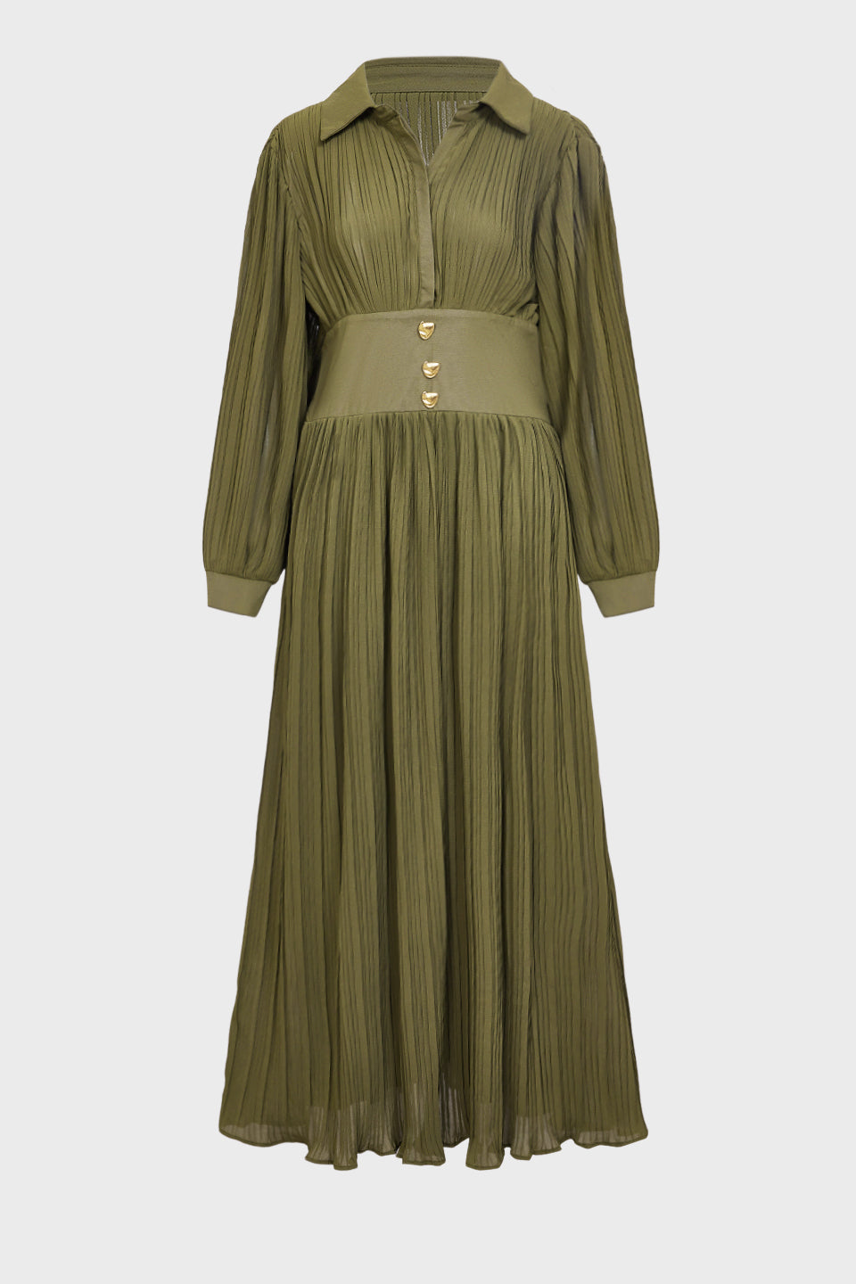 Curveins Plus Size Long Sleeve Polo Neck Button Pleated Waist Maxi Dress