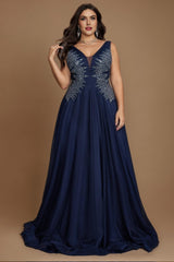 Curveins Plus Size V-Neck Sleeveless Waist-Defined Maxi Dress