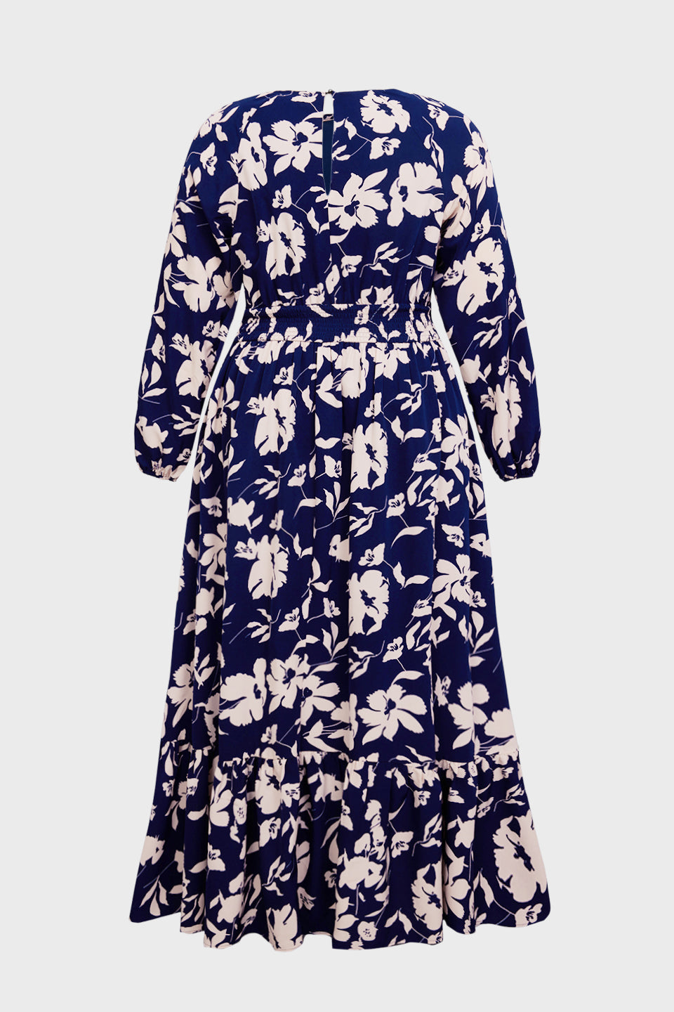 Curveins Plus Size V Neck Long Sleeve Printed Waist Defined Elegant Casual Maxi Dress