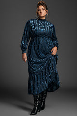 Curveins Plus Size Navy Blue Floral Velvet Maxi Dress