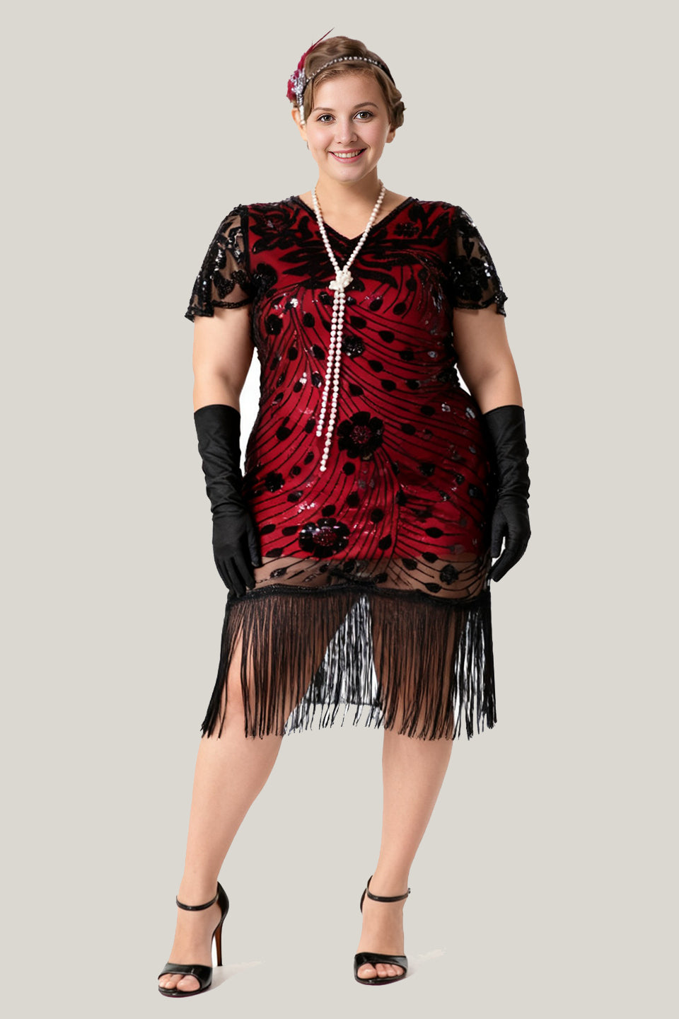 Curveins 1920s Black Ruby Plus Size Retro Sequin Evening Flapper Midi Dress