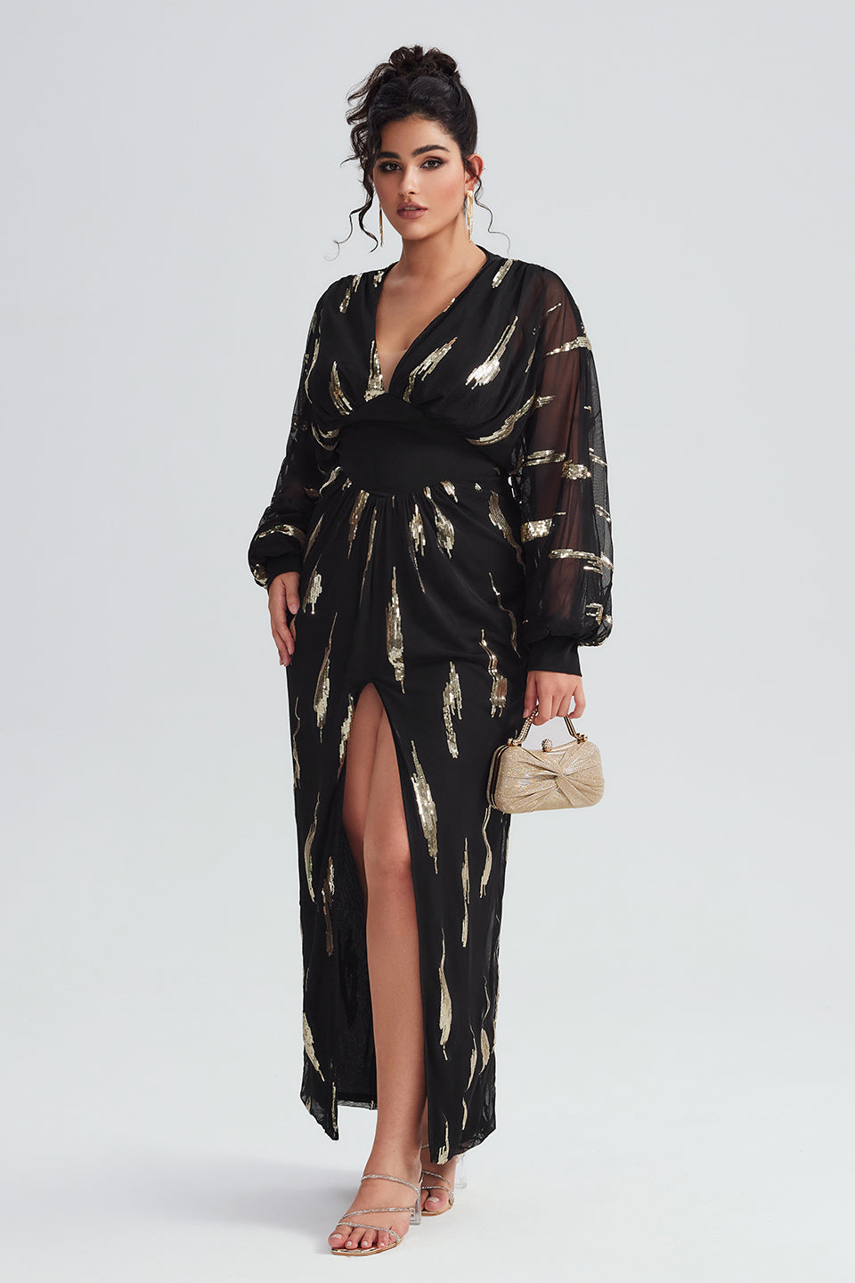 Plus Plunging Neck Lantern Sleeve High Slit Dress