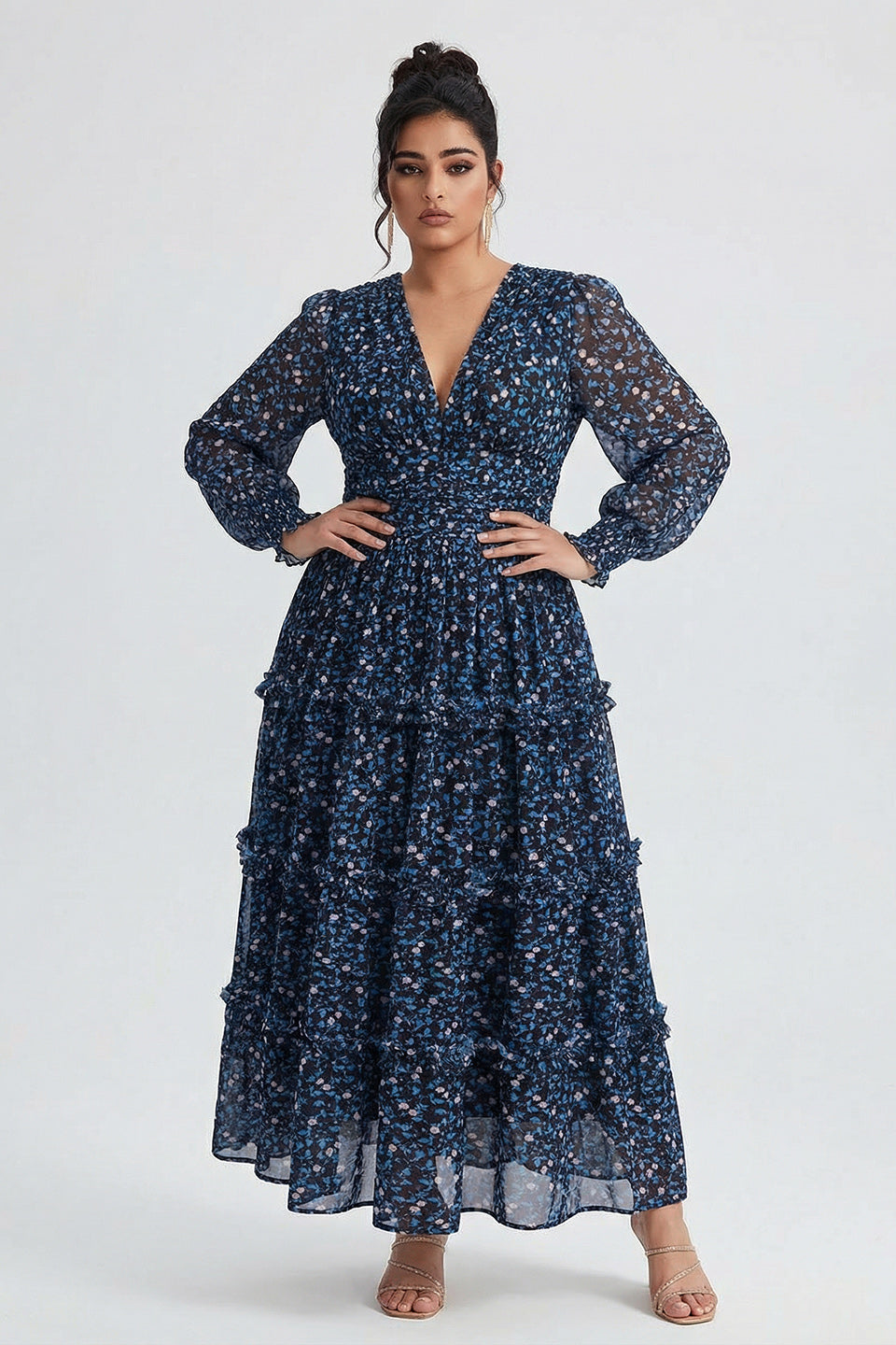 Curveins Plus Size V Neck Long Sleeve Floral Tiered Maxi Dress 26/4X / Brown