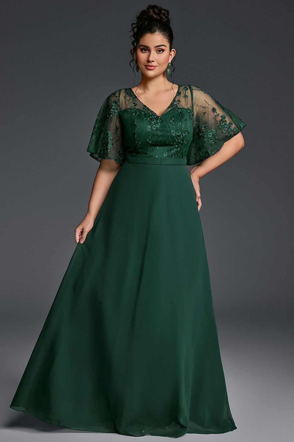 Curveins Plus Size V-Neck Batwing Sleeve Printed Maxi Dress