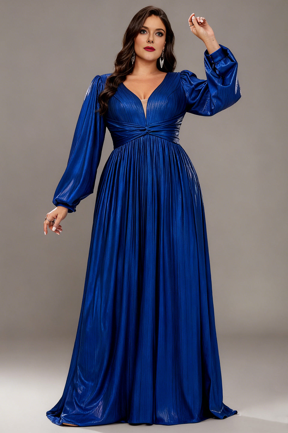 Curveins Plus Size V-Neck Long Lantern Sleeves Classic Evening Maxi Dress