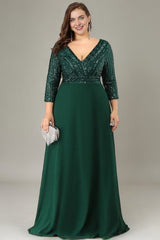 Curveins Plus Size Elegant Sequin Mid-Sleeve V-Neck Chiffon Flowy Maxi Dress