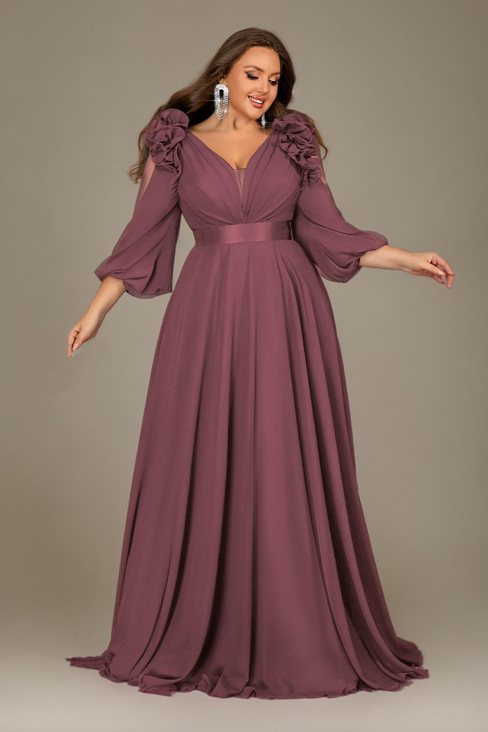 Curveins Plus Size Elegant V-Neck Batwing Sleeve Waist-Hugging Long Dress