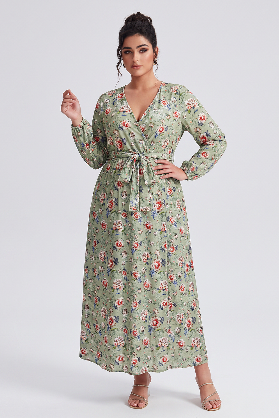 Curveins Plus Size V Neck Long Sleeve Floral Print Velvet Waist Tie Maxi Dress