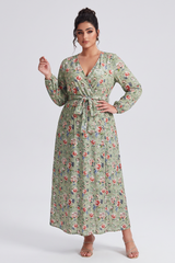 Curveins Plus Size V Neck Long Sleeve Floral Print Velvet Waist Tie Maxi Dress