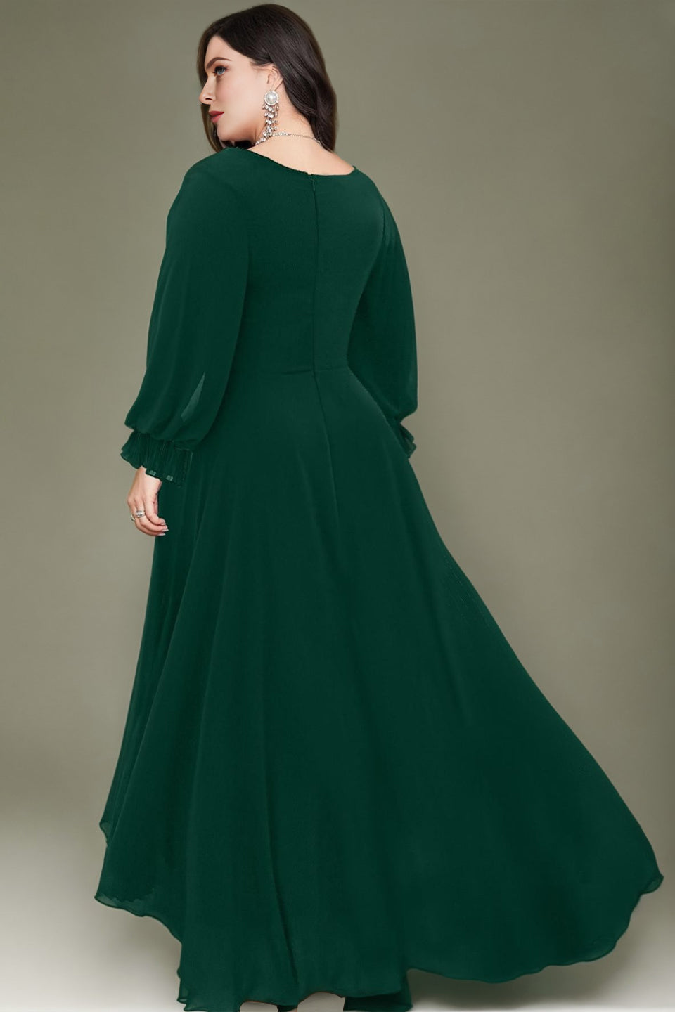 Curveins Plus Size Elegant V-Neck Lantern Sleeve Pleated-Waist Formal Gown