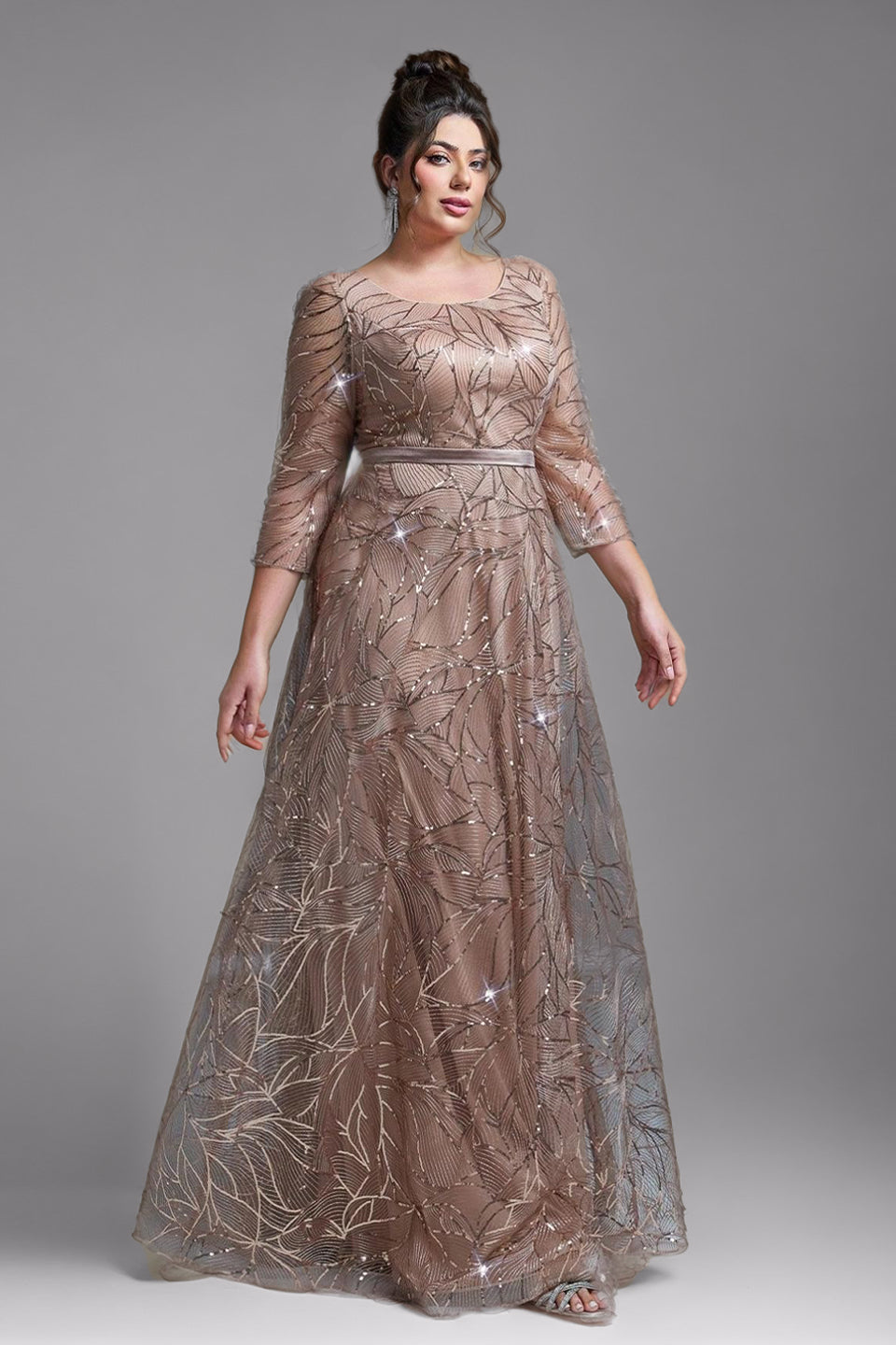 Curveins Plus Size Elegant Round Neck Sequin Floral Waist-Fit Maxi Dress