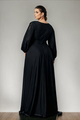 Curveins Plus Size V-Neck Lantern Embroidered Sleeve Split Waist Sequin Maxi Dress