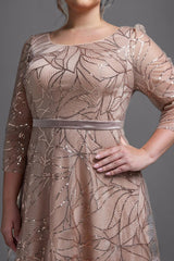 Curveins Plus Size Elegant Round Neck Sequin Floral Waist-Fit Maxi Dress