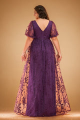 Curveins Plus Size Floral Embroidery V-Neck Puff Sleeve Side-Slit Maxi Dress