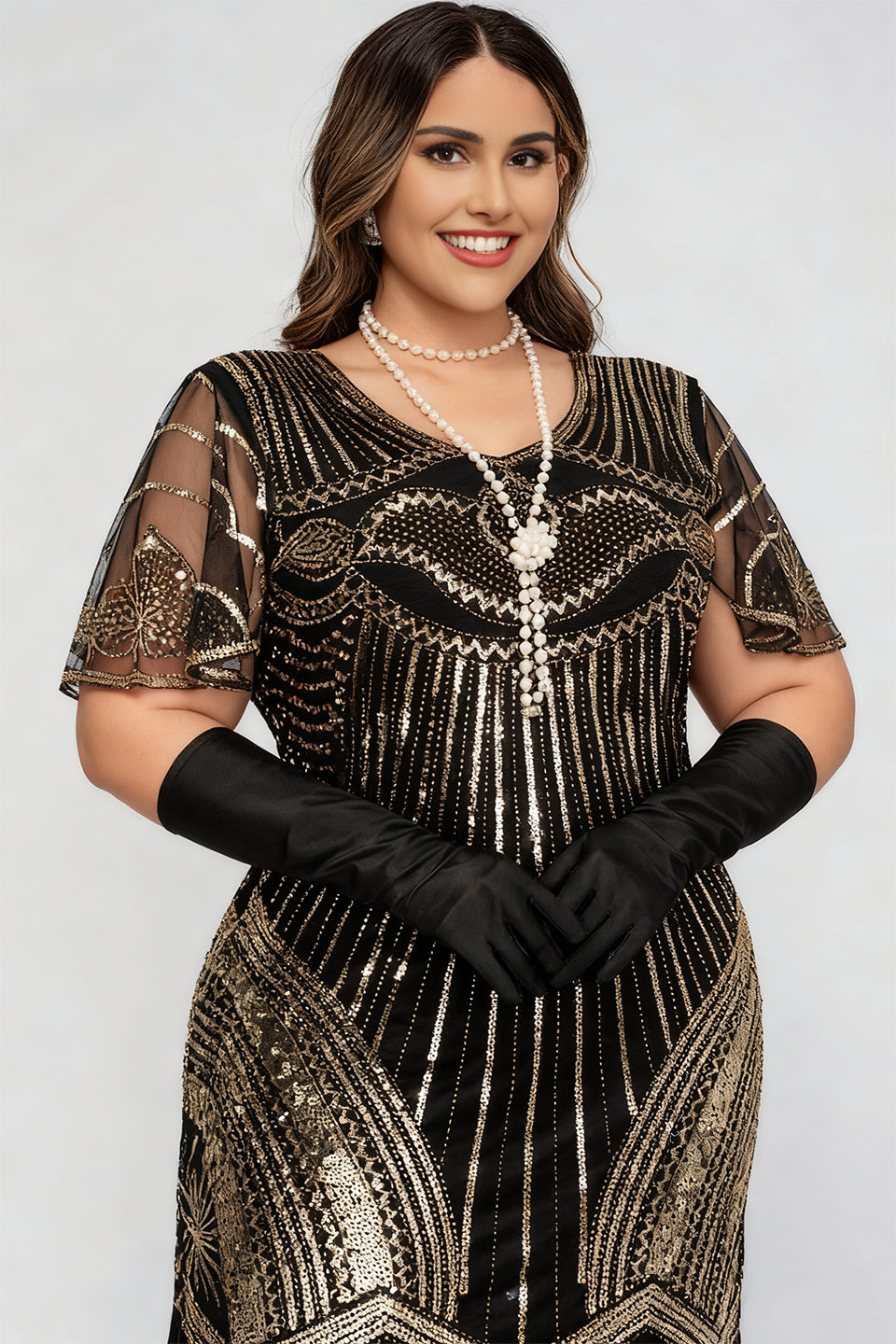 Curveins 1920s Gold Ruby Plus Size Striped Sequin Fringe Flapper Midi Dress
