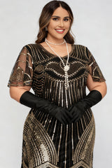 Curveins 1920s Gold Ruby Plus Size Striped Sequin Fringe Flapper Midi Dress